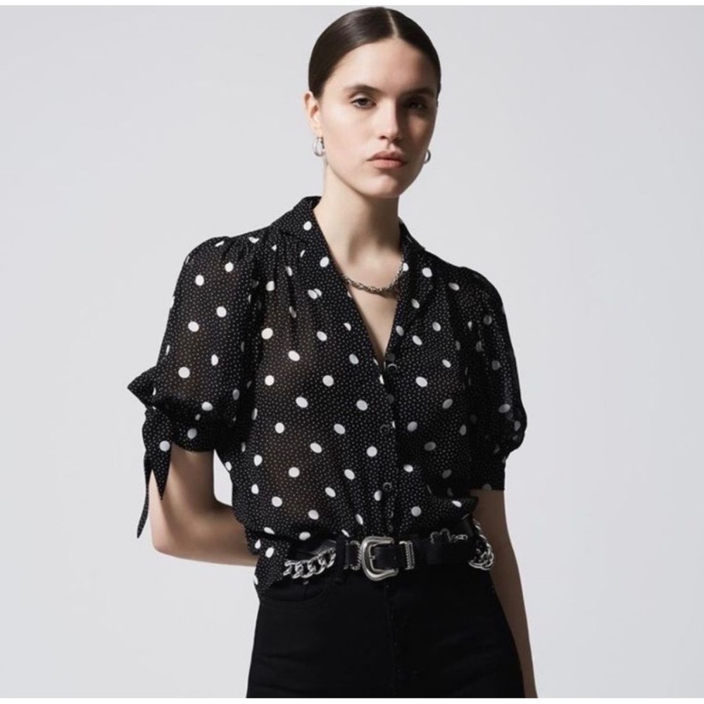 NWT The Kooples Black White Polka Dot Sheer Button Front Blouse Tie Sleeve 0/XS
